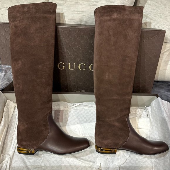 🌟 GUCCI WOMEN'S  BROWN SUEDE / SOFT NAPPA LEATHER BOOTS - Picture 1 of 7